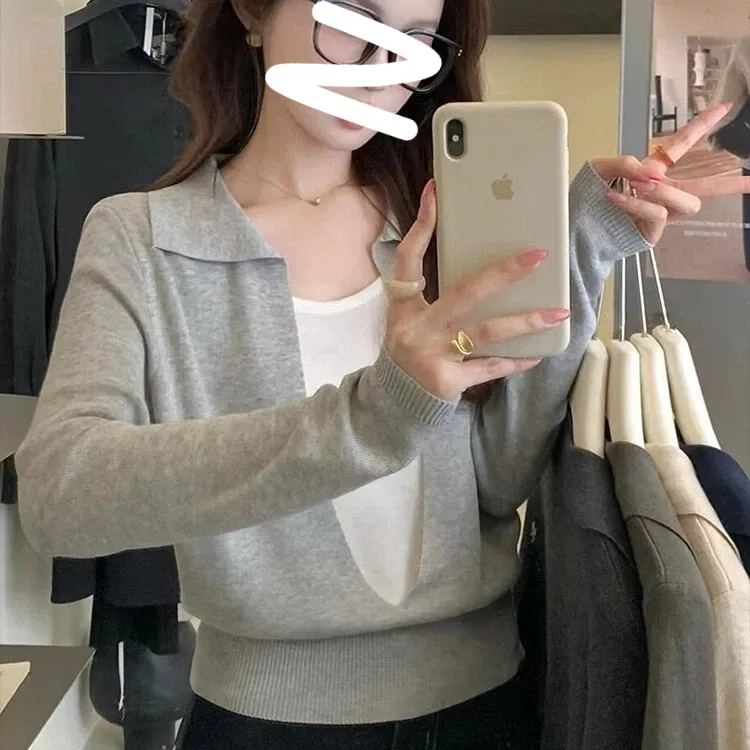 简约高级感假两件翻领设计感针织衫女新款秋修身显瘦百搭气质上衣