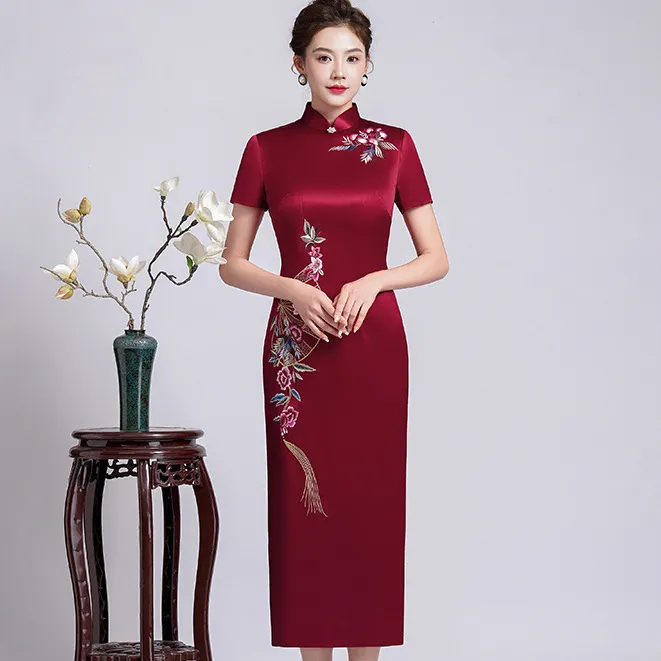 高端喜婆婆婚宴装刺绣旗袍婚礼妈妈礼服丈母娘婚礼服醋酸连衣裙秋