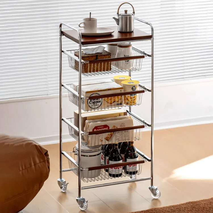 中古风厨房置物架多功能果蔬菜篮零食小推车多层抽拉式可移动收纳