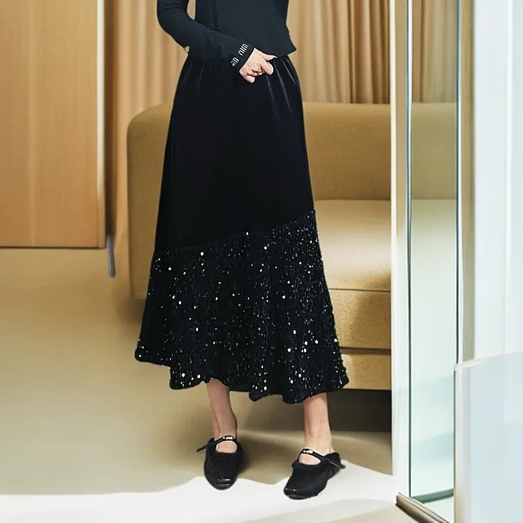 2024新款大码女装胖MM秋冬季丝绒加厚时尚拼接中长款亮片半身裙