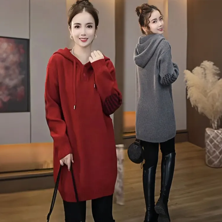 高级感休闲连帽毛衣女2025年秋冬新款宽松中长款遮肚加厚针织上衣