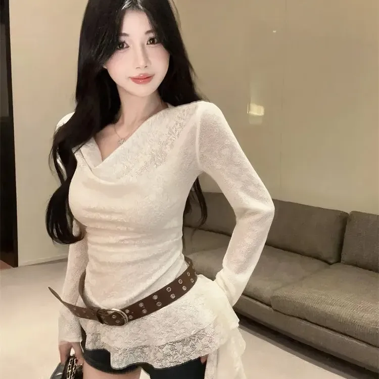 法式高级感双层荷叶边下摆蕾丝小衫秋季新款气质修身荡领长袖上衣