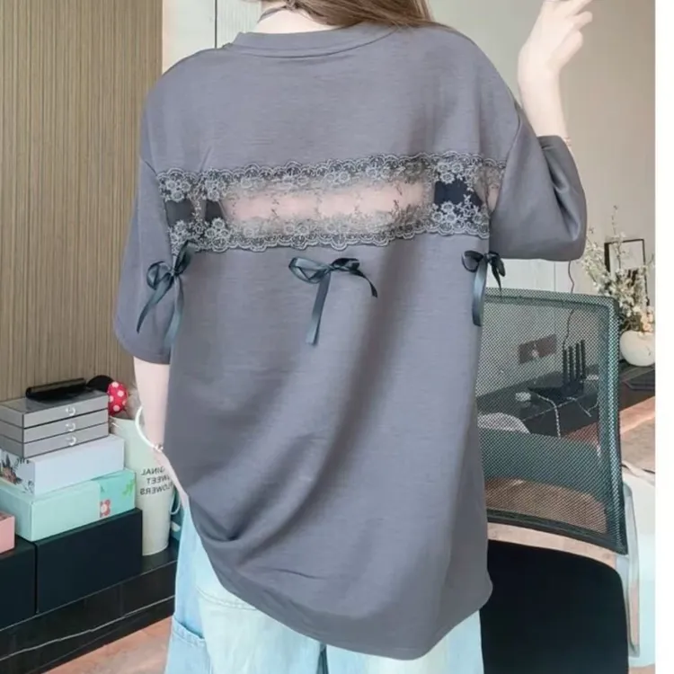 设计感后背蕾丝蝴蝶结小女娃印花圆领短袖T恤女2025夏季宽松上衣