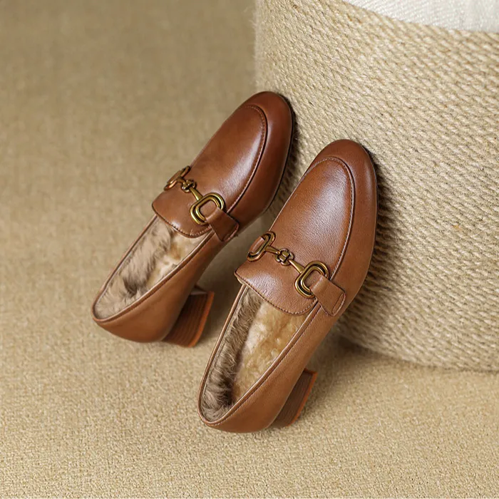 AACCK复古加绒乐福鞋2025冬季保暖中跟真皮兔毛英伦风上班通勤