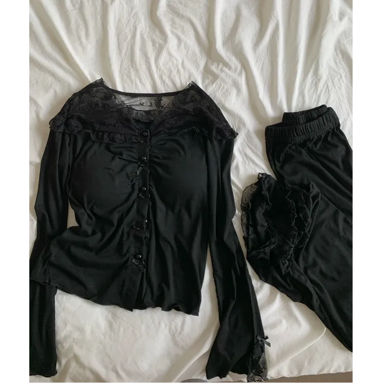 【松弛欧尼】法式性感蕾丝镂空睡衣长裤莫代尔两件套纯欲显瘦家居服