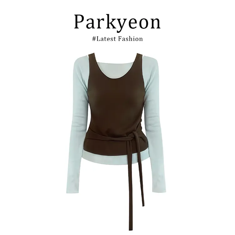 parkyeon撞色假两件绑带长袖针织衫女2025早秋新款设计感显瘦上衣