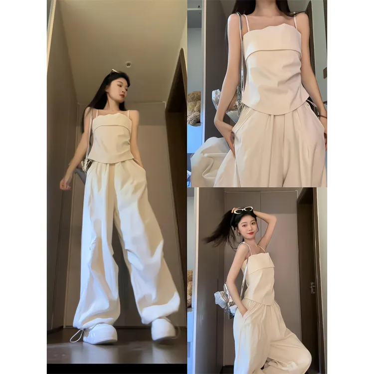 时尚套装女设计感修身吊带背心上衣夏季宽松阔腿裤子休闲裤两件套