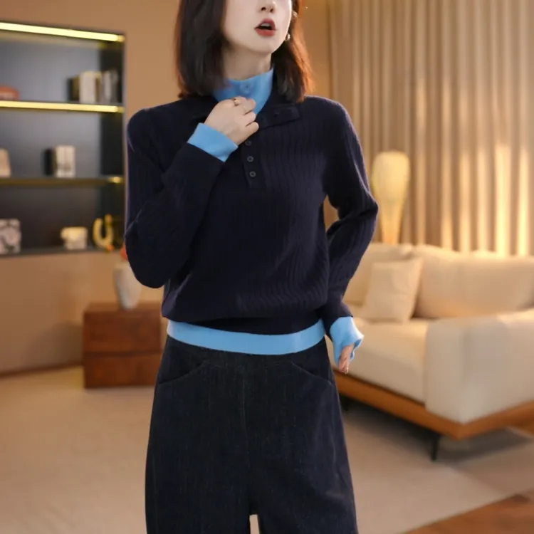 藏蓝色翻领假两件毛衣女秋冬2025新款时尚减龄针织打底衫内搭上衣