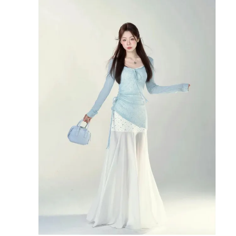 春夏气质甜美设计罩衫蕾丝碎花拼接网纱仙气吊带连衣长裙两件套女