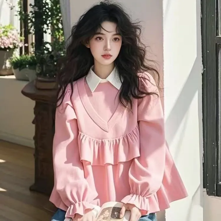 2025新款高级感独特漂亮别致韩系慵懒风粉色荷叶边拼接T恤polo衫