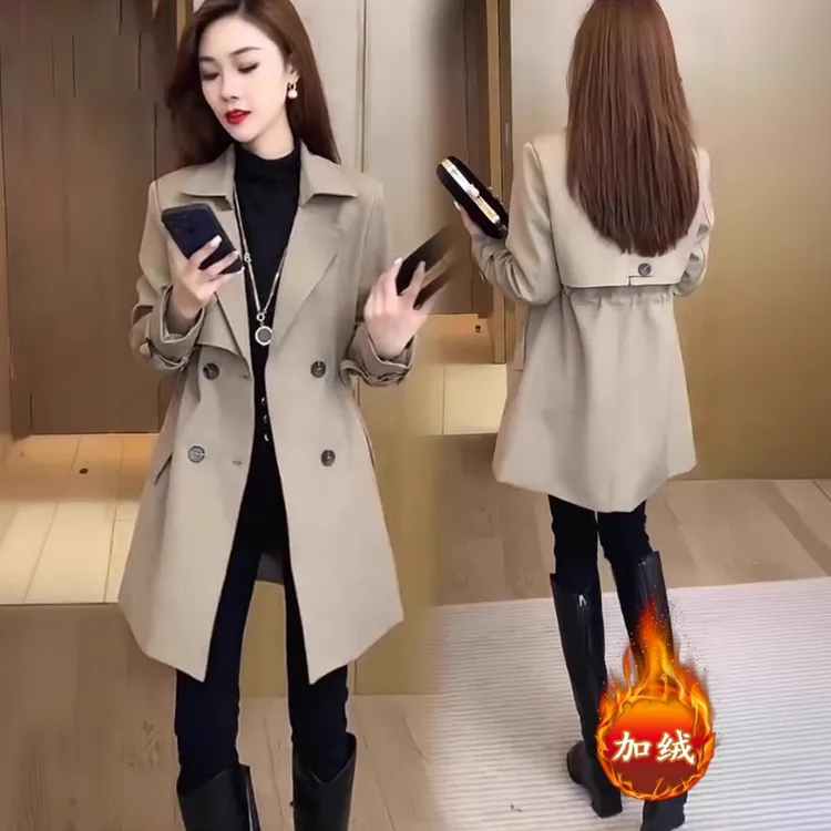 拉夏贝尔加绒加厚风衣外套女2025秋冬新款洋气收腰英伦风休闲大衣