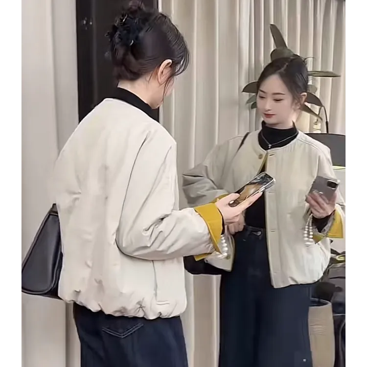 设计感撞色轻薄夹棉短外套女装2025秋冬韩系新款洋气棉服上衣