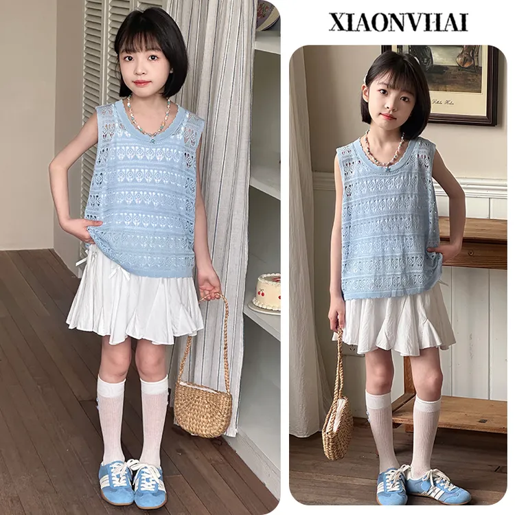 小女孩女童装镂空套装韩系2025新款独特时髦6-12岁夏装无袖设计感