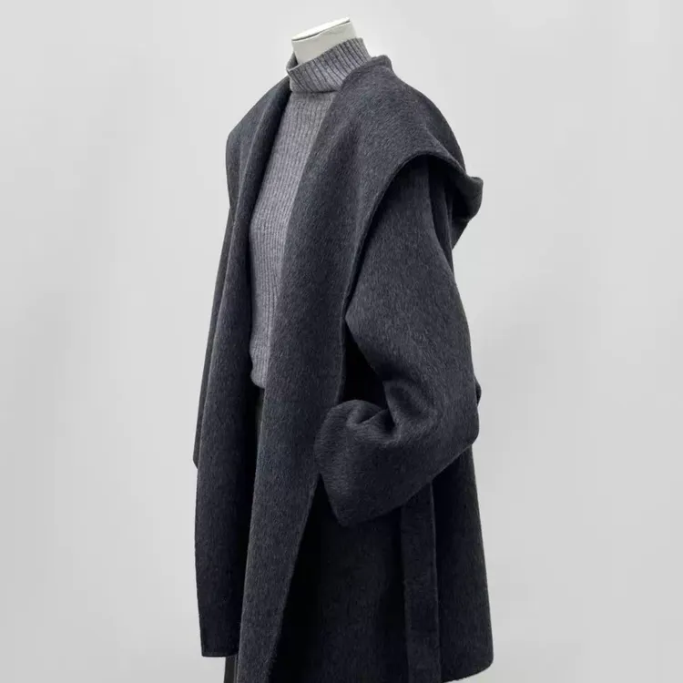 深灰色斗篷双面小个子羊绒大衣女秋冬新款收腰连帽浴袍纯羊毛外套