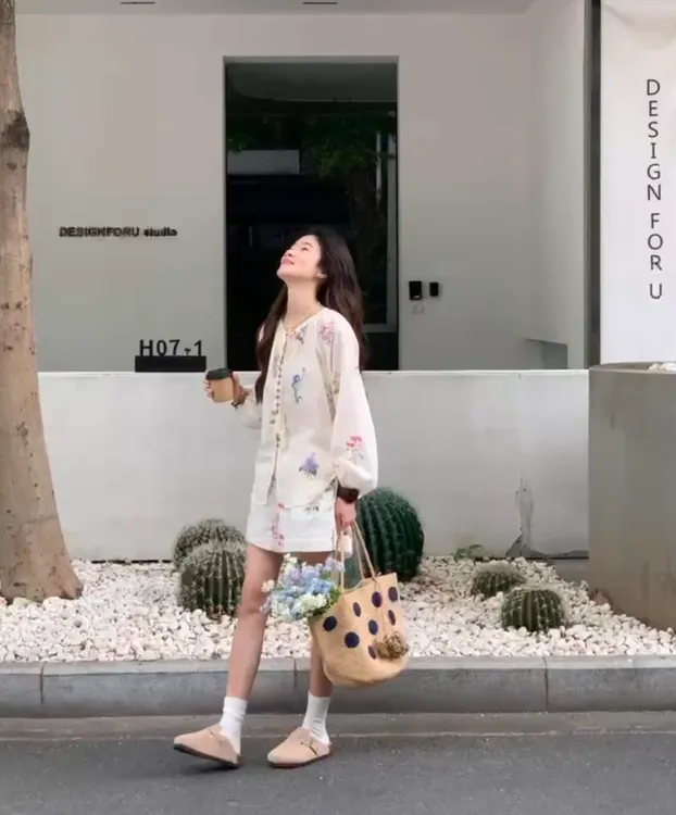 休闲风通勤静奢风新中式时尚套装套装秋季家居服套头短袖满印