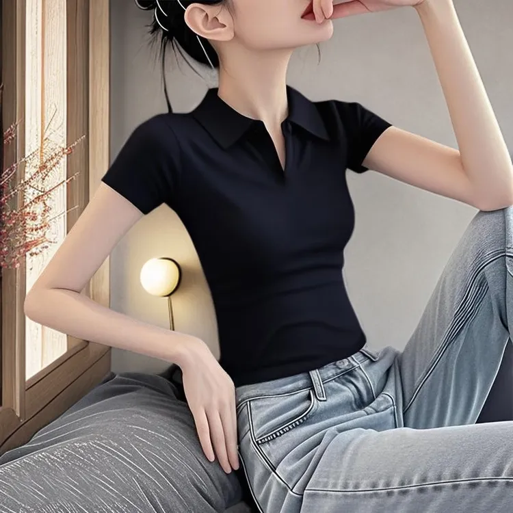 黑色polo领修身百搭设计感小众正肩短袖T恤女上衣潮2025新款夏季