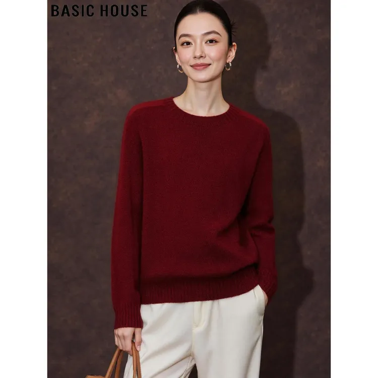 Basic House/百家好本命年红色圆领套头毛衣女春季100%羊毛针织衫