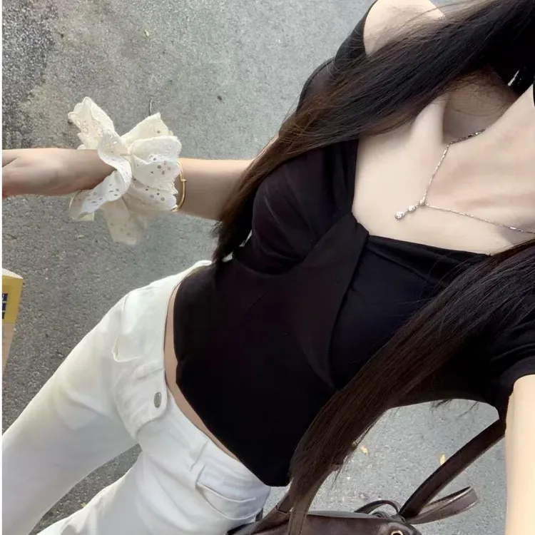 2025夏季新款纯欲甜美风V领短袖上衣女配高腰显瘦百搭休闲裤女