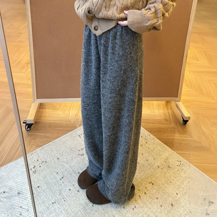 加厚圈圈毛呢阔腿裤长裤女秋冬慵懒气质宽松直筒松紧腰休闲裤子女