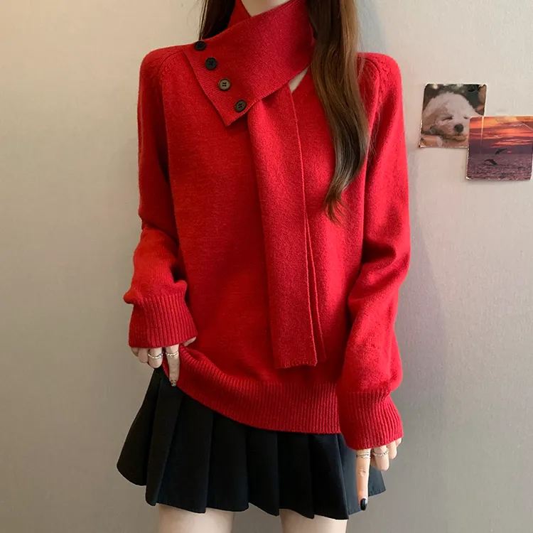 大码设计感可拆卸围巾V领红色毛衣女秋冬胖MM宽松显瘦洋气针织衫
