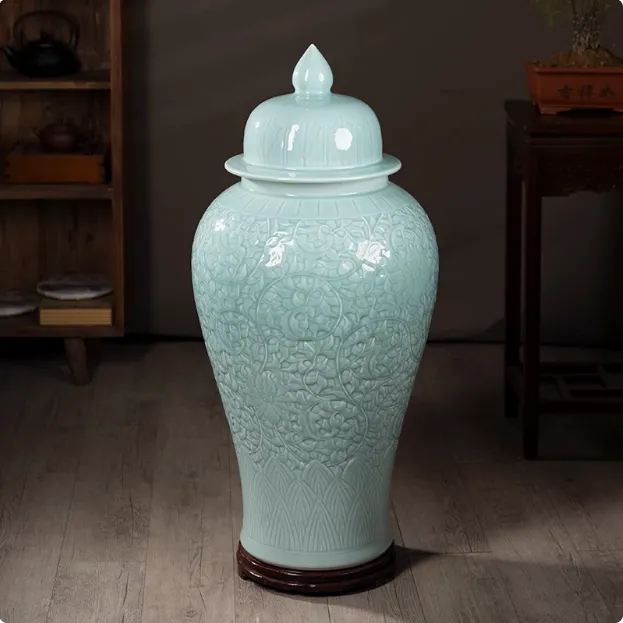 景德镇陶瓷高端大号将军罐影青釉雕刻花瓶客厅博古架中式装饰摆件