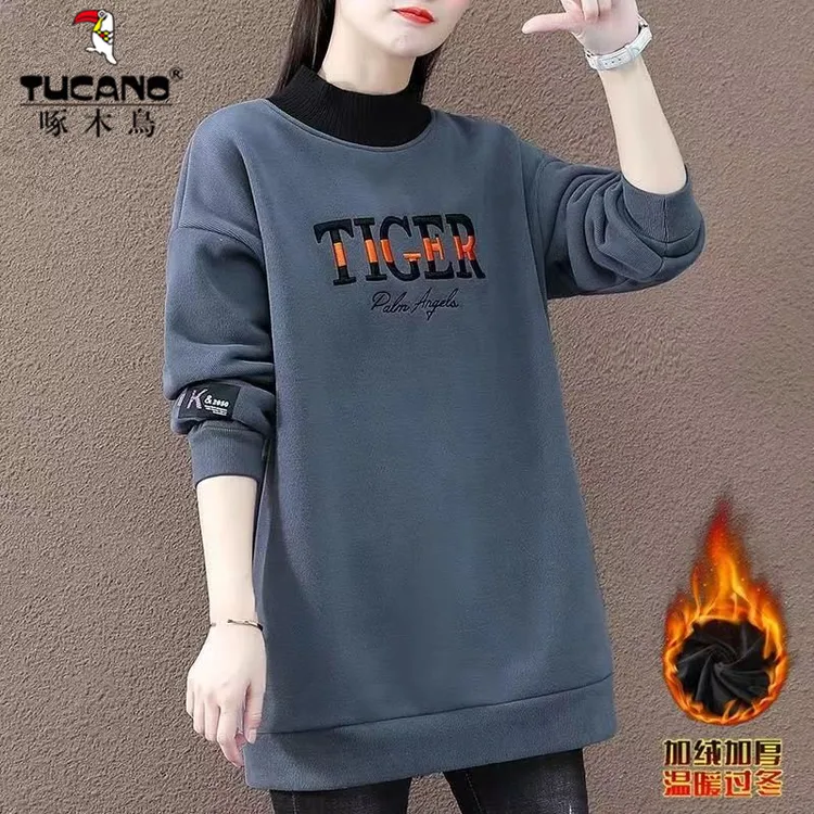 啄木鸟2025秋冬季新款女士卫衣中长款半高领加绒厚保暖遮屁股上衣