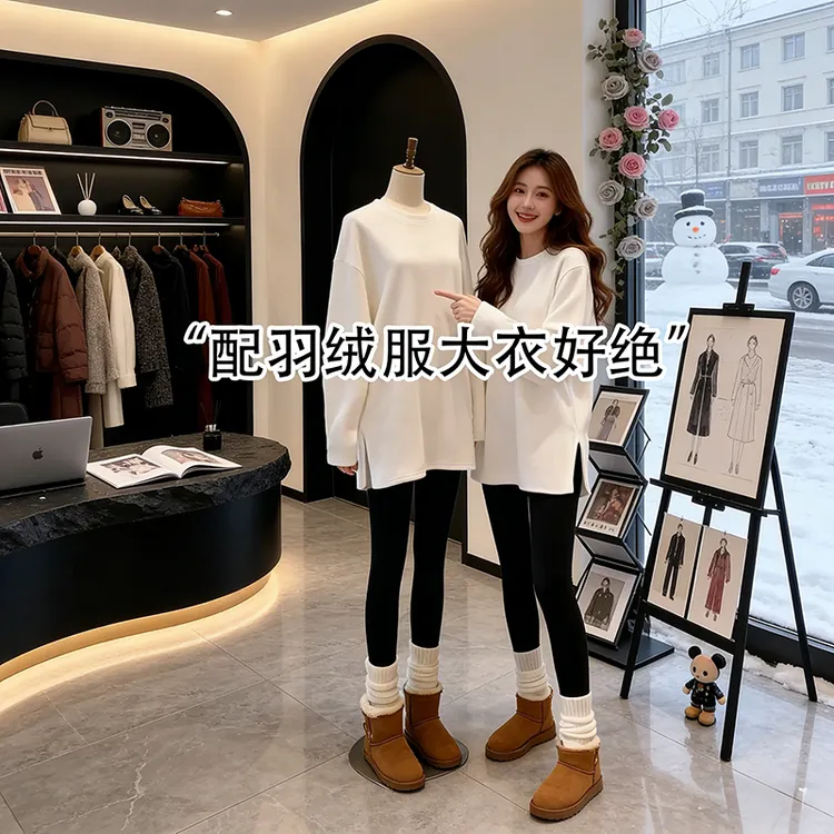 德绒白色打底衫女内搭冬2026新款遮屁股t恤宽松加厚保暖长袖上衣