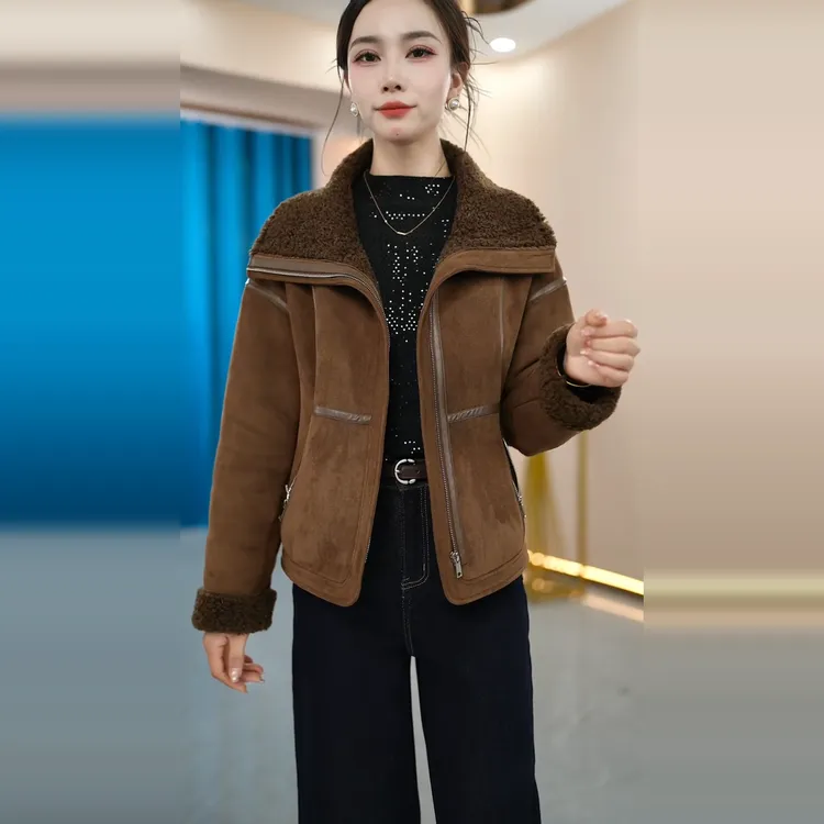 冬季加绒加厚短款外套时尚气质减龄休闲百搭宽松保暖皮绒上衣