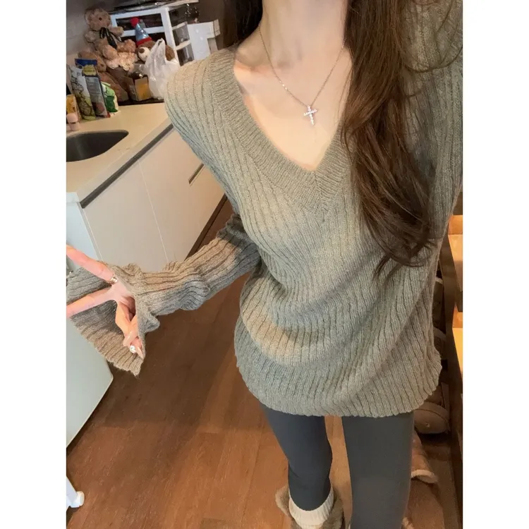 设计感泡菜订制多色显瘦百搭气质开叉袖针织秋冬打底衫长袖2025