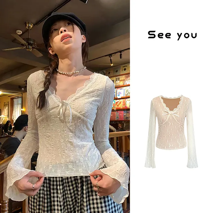 蕾丝大V领磨毛加绒长袖打底衫秋冬气质时尚长袖百搭上衣休闲3191