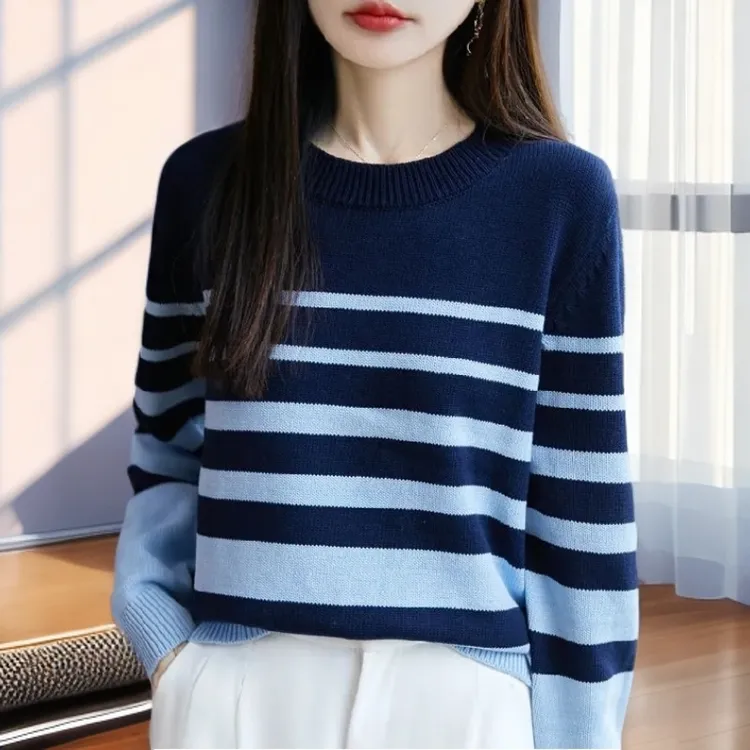 【雅岚女装】毛衣气质宽松休闲新款内搭针织上衣秋冬条纹圆领打底衫