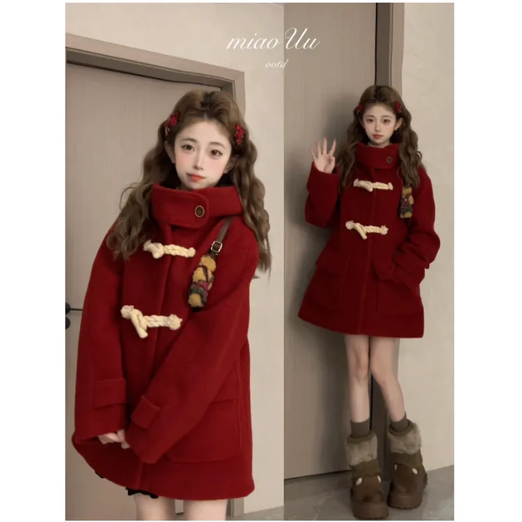 圣诞新年穿搭法式复古牛角扣毛呢外套女2025秋冬新款连帽红色大衣