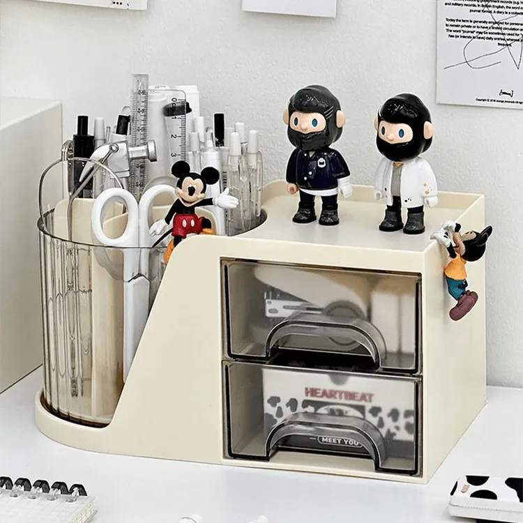 360度可旋转笔筒ins多功能抽屉式笔筒大容量桌面透明化妆刷收纳筒