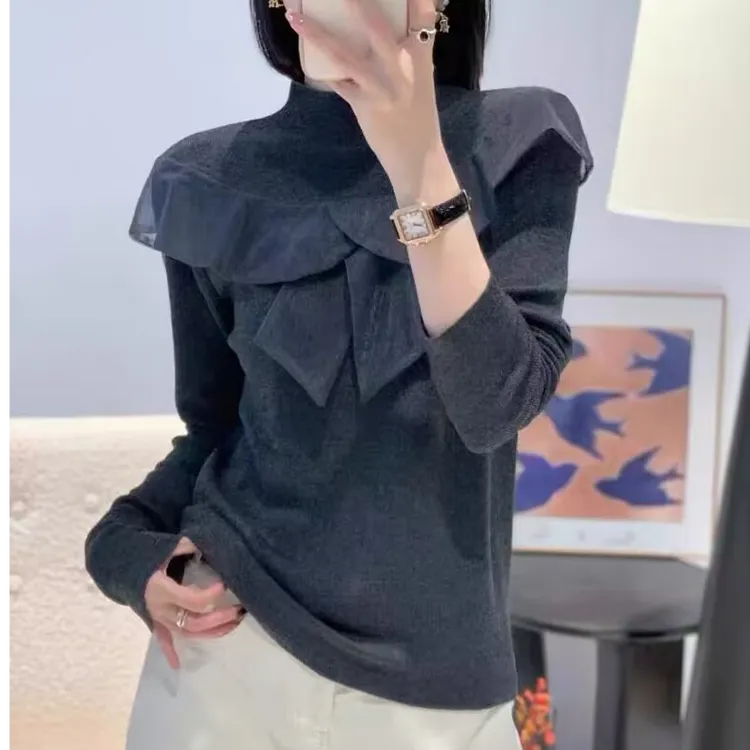 秋冬新款高级长袖花边打底衫针织衫上衣女显瘦毛衣爆款女款毛衣潮