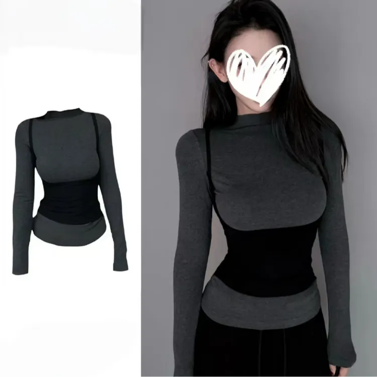 显雷大腰细！美式复古设计感假两件长袖女 收腰显瘦加绒磨毛上衣女