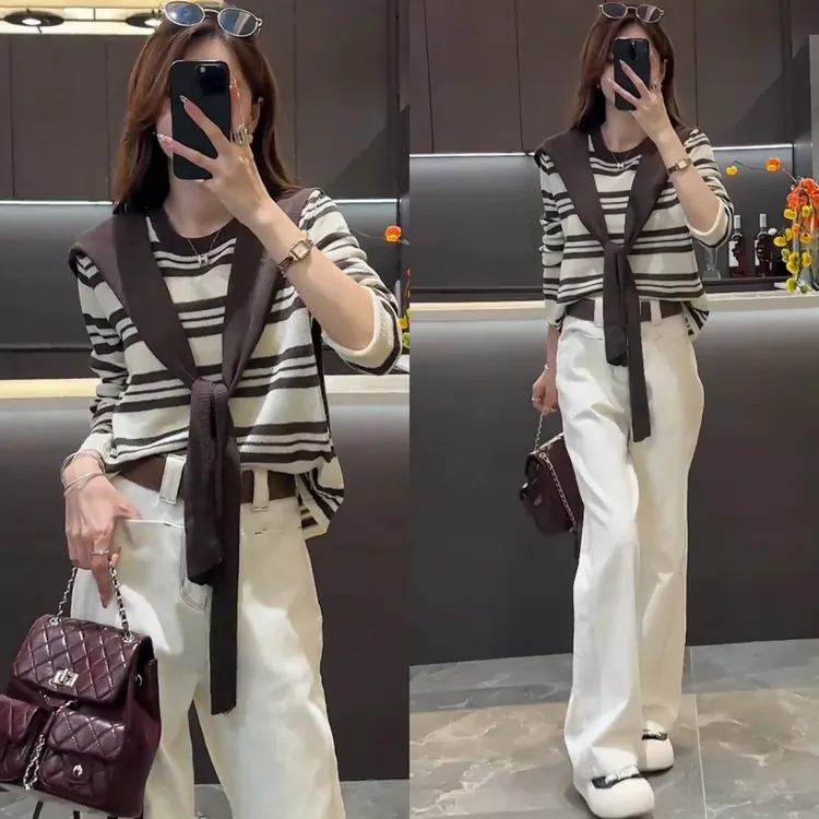 一整套早春穿搭2025女装条纹针织衫阔腿裤两件套时尚休闲减龄套装