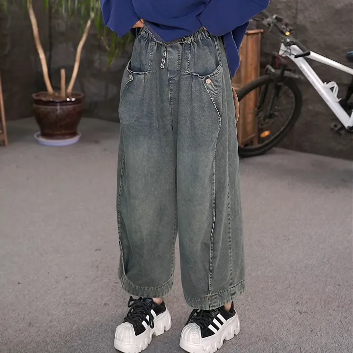 美式复古水洗直筒牛仔裤女秋款高街设计感宽松休闲高腰阔腿裤子