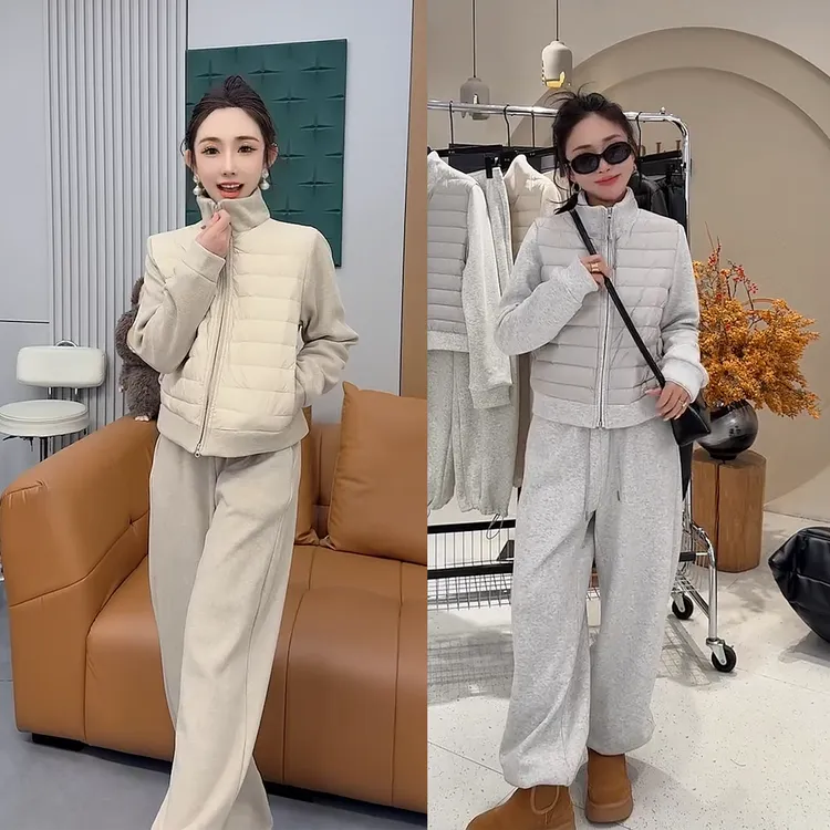 80872女款秋冬流行套装 时尚百搭拼接保暖立领上衣+阔腿裤两件套