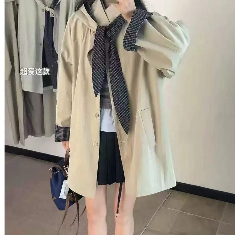 中长款连帽宽松型休闲风气质拼色秋季风衣外套