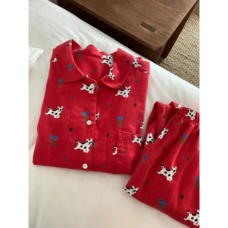 可爱新年红色斑点狗睡衣女春秋新款软糯长袖长裤家居服套装外穿