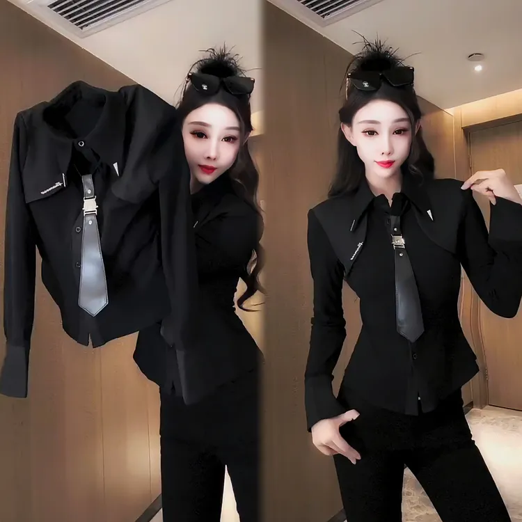 长袖修身衬衫设计感女拼接2025冬季新款时尚百搭纯色洋气气质潮