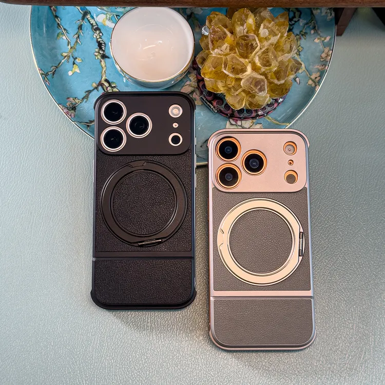 钢本熊适用苹果17ProMax抽拉伸缩磁吸旋转支架金属皮革保护壳