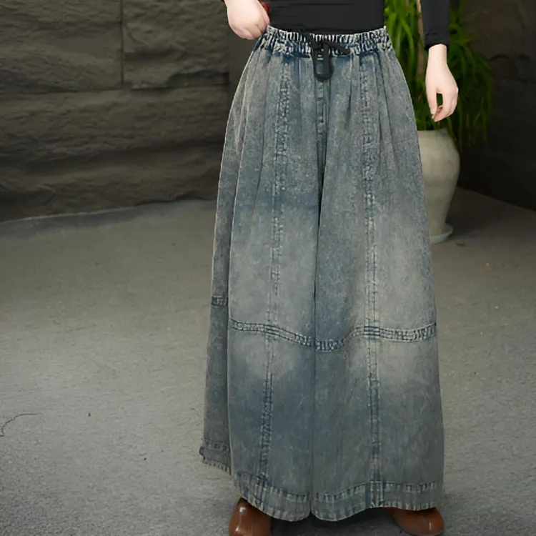 【春季裙裤】做旧高街风阔腿裤裙裤春季牛仔裤松紧腰显瘦中长款