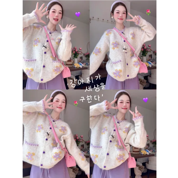 MARIE.COCO复古花朵撞色毛衣外套女秋冬新款甜美温柔减龄针织开衫