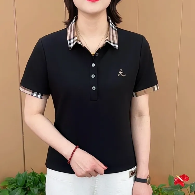 夏季新款时尚气质格子翻领刺绣设计韩版T恤休闲百搭短袖上衣M408