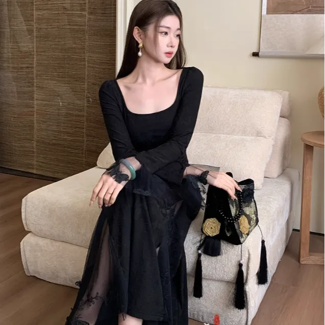 2025春季新款新中式国风显瘦气质提花长袖连衣裙女春设计感长裙