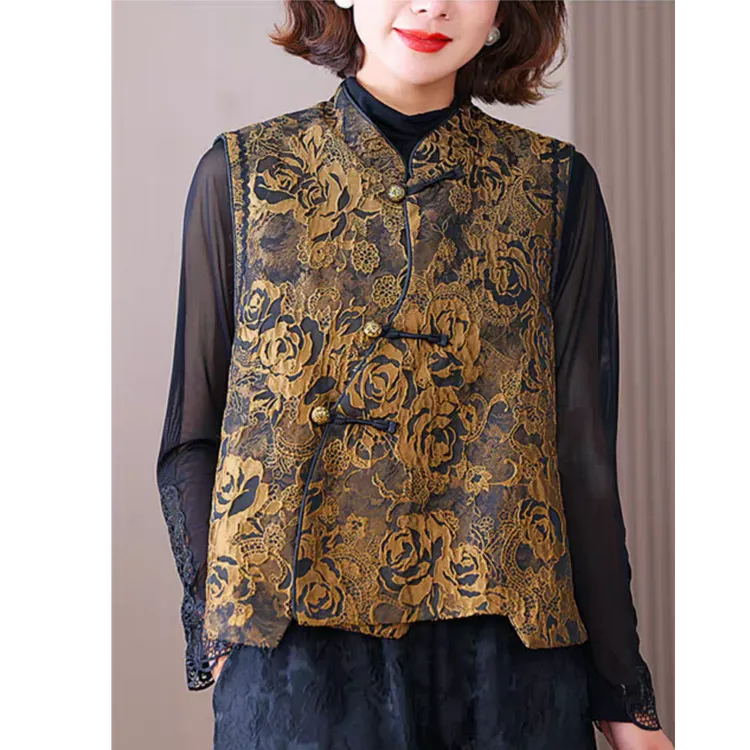 秋季新中式国风提花马甲女款妈妈装春秋洋气外穿坎肩外搭上衣