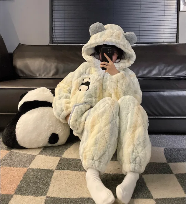熊猫抗寒冬天保暖男士家居服三层夹棉情侣睡衣女款秋冬季套装卡通
