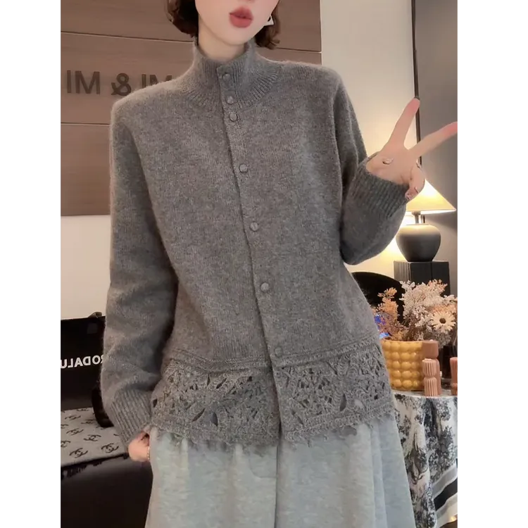 灰色半高领镂空毛衣开衫女秋冬针织打底衫2025年新款韩系减龄上衣