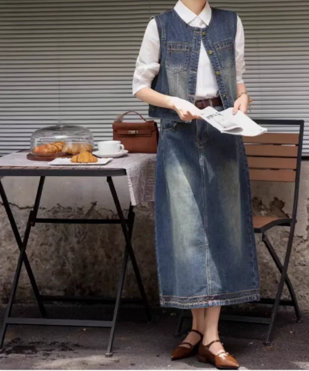 【香香严选】"夹克牛仔“2025新款琥珀流光牛仔半裙马甲套装潮X1020